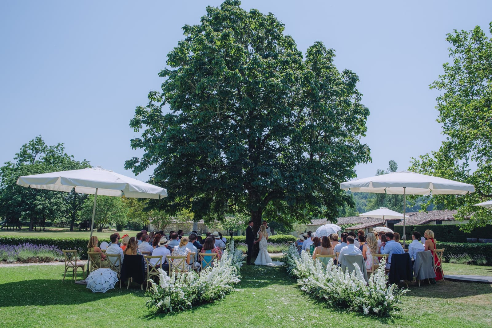 An outdoor wedding ceremony under a tree
